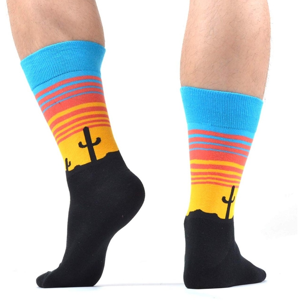 Mens Novelty Desert Cactus Cotton Crew Socks Black - Picture 3 of 5